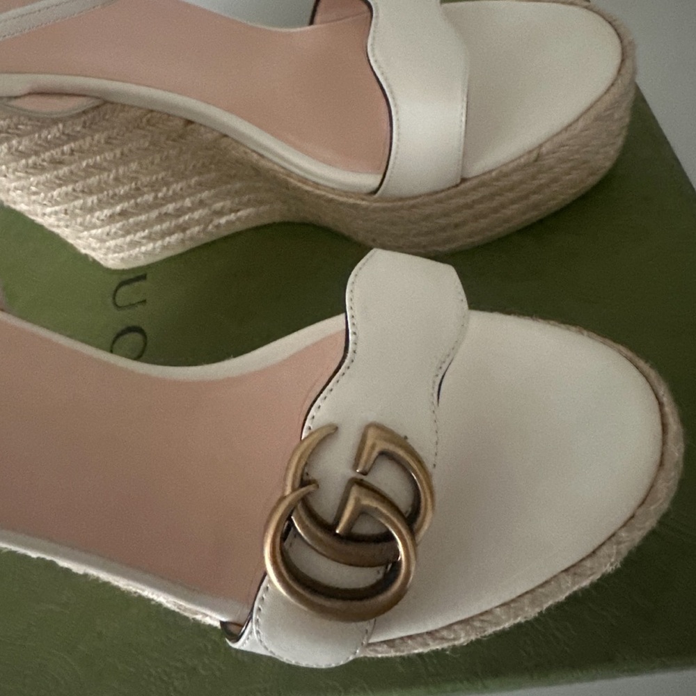 GUCCI Lifford Calfskin Aitana Espadrille Platform 130mm Wedges 42 Mystic White - Picture 3 of 8